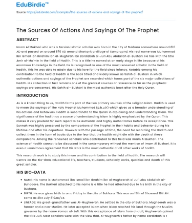 The Sources Of Actions And Sayings Of The Prophet