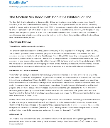 The Modern Silk Road Belt: Can It Be Bilateral or Not