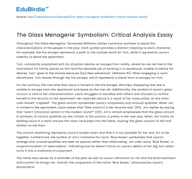 The Glass Menagerie’ Symbolism: Critical Analysis Essay
