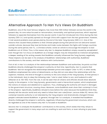 Alternative Approach To Han Yu’s Views On Buddhism