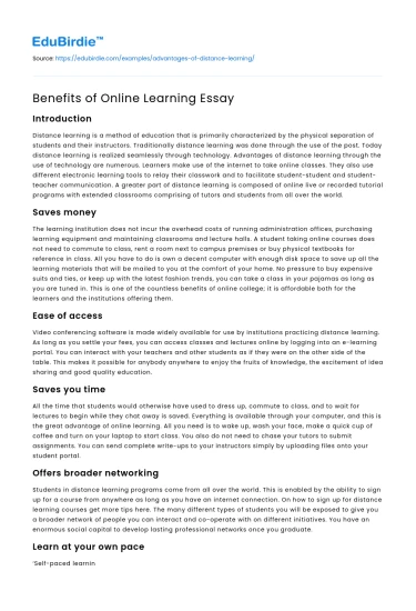 Benefits of Online Learning Essay