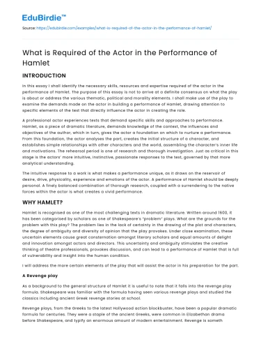 What is Required of the Actor in the Performance of Hamlet