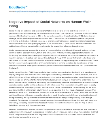Negative Impact of Social Networks on Human Well-Being