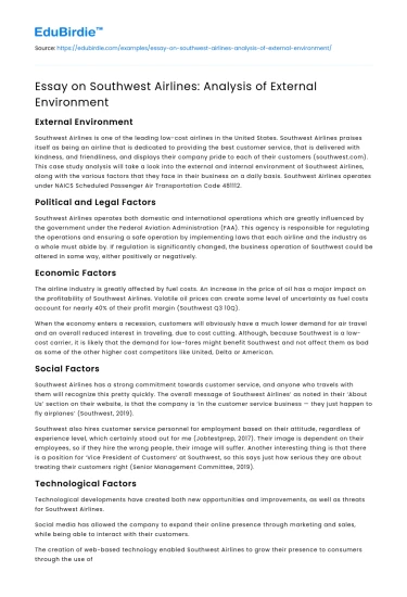 Essay on Southwest Airlines: Analysis of External Environment