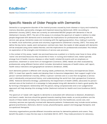 Specific Needs of Older People with Dementia