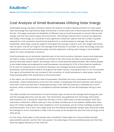 Cost Analysis of Small Businesses Utilizing Solar Energy