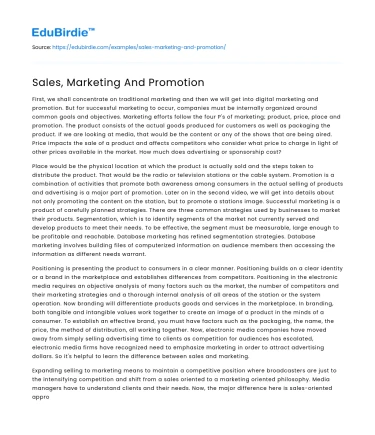 Sales, Marketing And Promotion