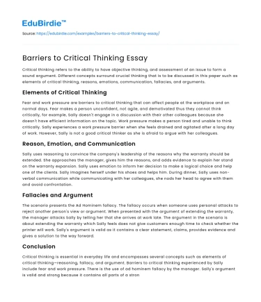 Barriers to Critical Thinking Essay