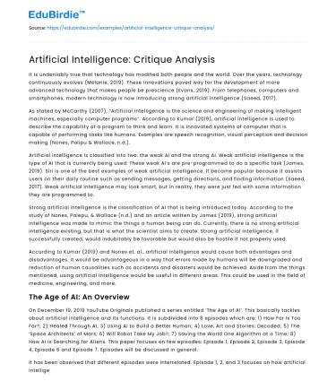 Artificial Intelligence: Critique Analysis