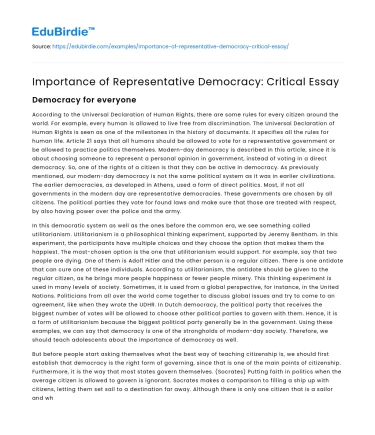 Importance of Representative Democracy: Critical Essay