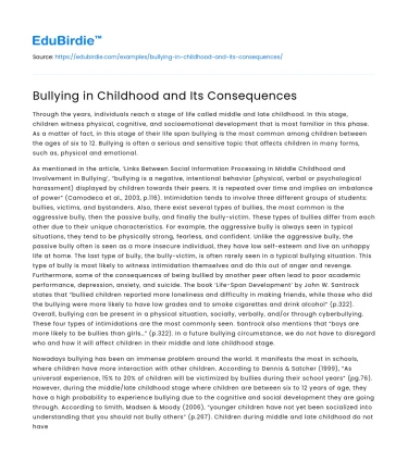Bullying in Childhood and Its Consequences