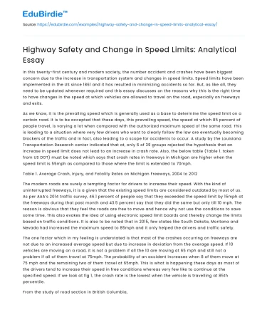 Highway Safety and Change in Speed Limits: Analytical Essay