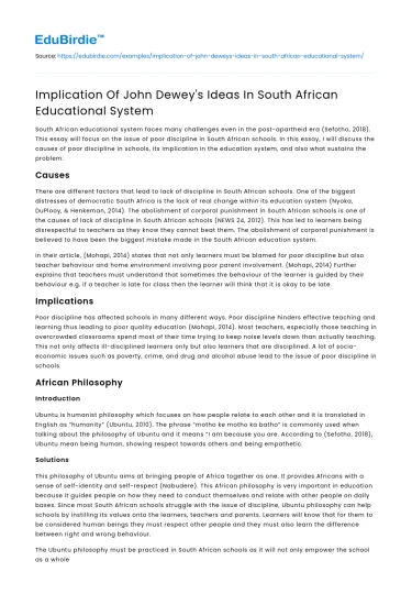 Implication Of John Dewey’s Ideas In South African Educational System