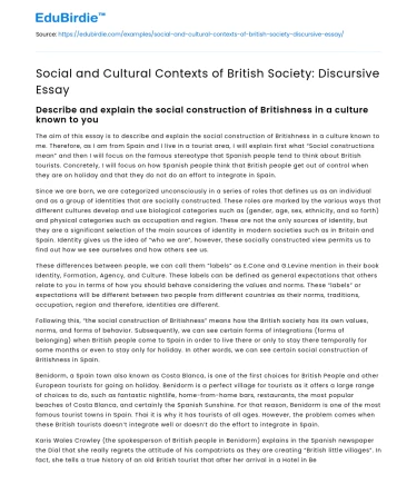 Social and Cultural Contexts of British Society: Discursive Essay