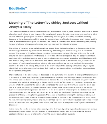Meaning of ‘The Lottery’ by Shirley Jackson: Critical Analysis Essay