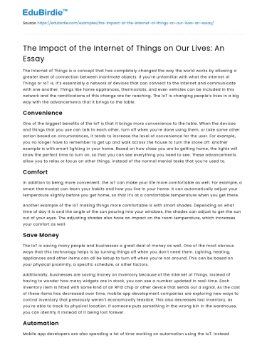 The Impact of the Internet of Things on Our Lives: An Essay
