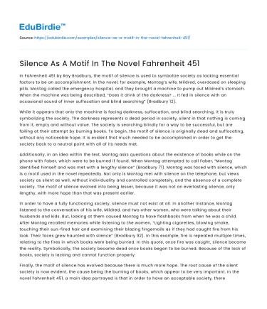 Silence As A Motif In The Novel Fahrenheit 451