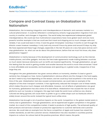 Compare and Contrast Essay on Globalization Vs Nationalism