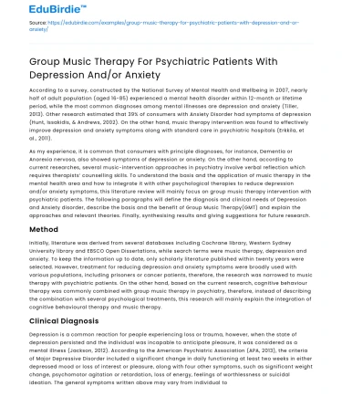 Group Music Therapy for Psychiatric Patients with Depression/Anxiety