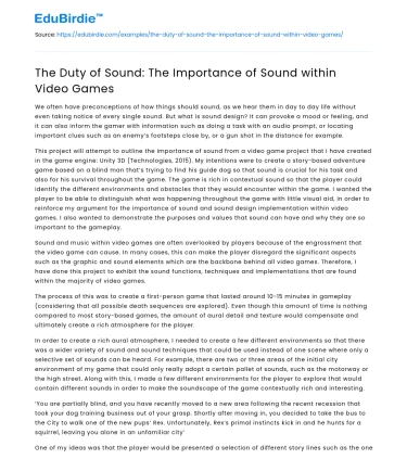The Duty of Sound: The Importance of Sound within Video Games