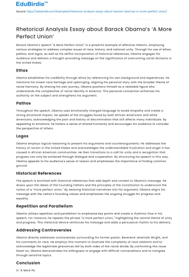 Rhetorical Analysis Essay about Barack Obama’s ‘A More Perfect Union’