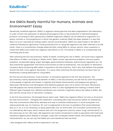Are GMOs Really Harmful for Humans, Animals and Environment? Essay