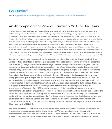 An Anthropological View of Hawaiian Culture: An Essay