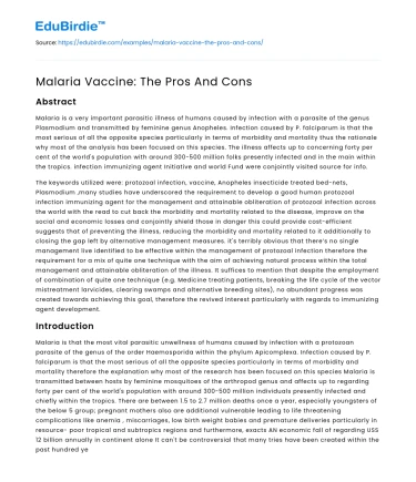 The Malaria Vaccine: Benefits and Challenges