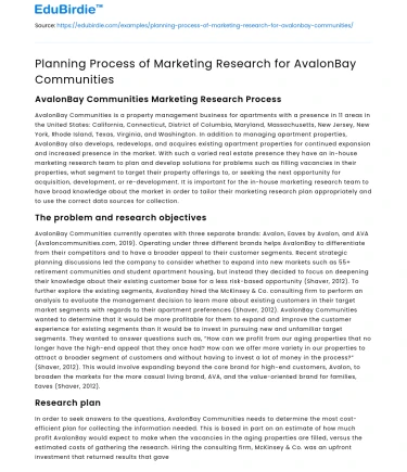 Planning Process of Marketing Research for AvalonBay Communities