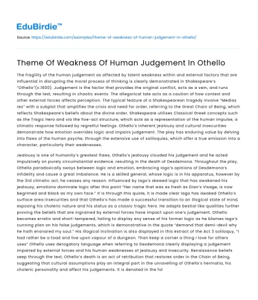 Theme Of Weakness Of Human Judgement In Othello