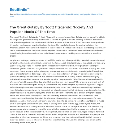 The Great Gatsby: Society and Popular Ideals of the Time