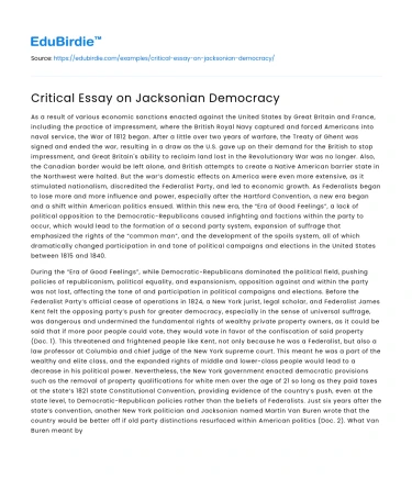 Critical Essay on Jacksonian Democracy