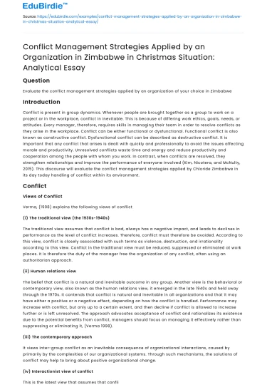 Zimbabwe Org Conflict Management Strategies in Christmas: Analysis