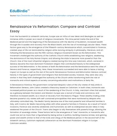 Renaissance Vs Reformation: Compare and Contrast Essay