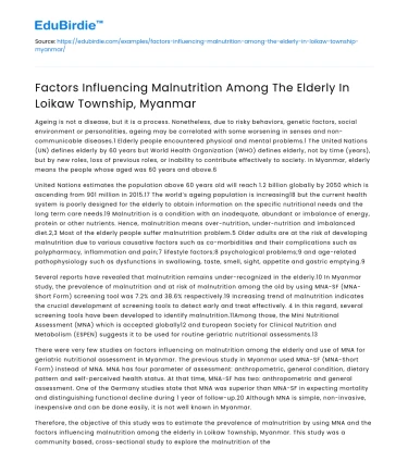 Malnutrition Factors Among Elderly in Loikaw, Myanmar