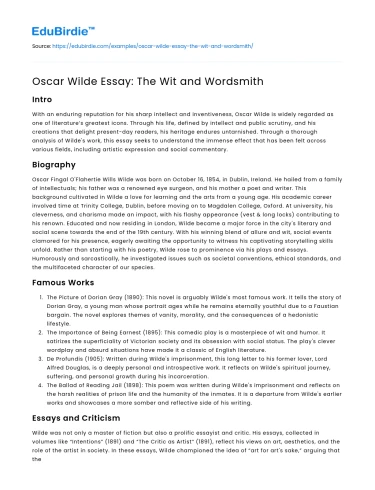 Oscar Wilde Essay: The Wit and Wordsmith