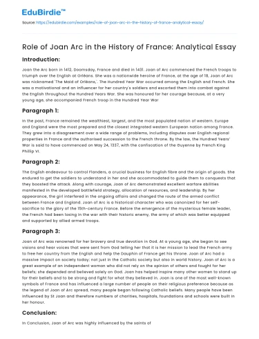 Role of Joan Arc in the History of France: Analytical Essay
