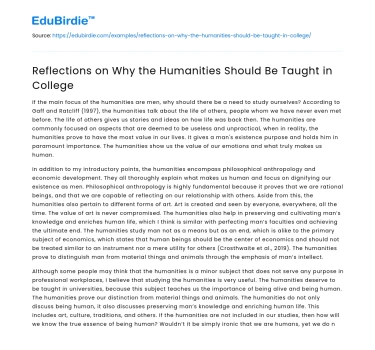 Reflections on Why the Humanities Should Be Taught in College