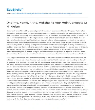 Dharma, Kama, Artha, Moksha As Four Main Concepts Of Hinduism