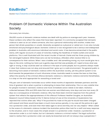Problem Of Domestic Violence Within The Australian Society