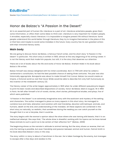 Honor de Balzac’s “A Passion in the Desert”