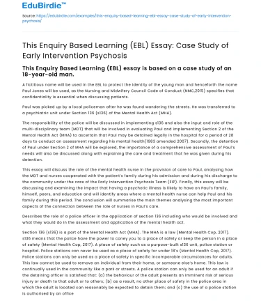 EBL Essay: Early Intervention Psychosis Case Study