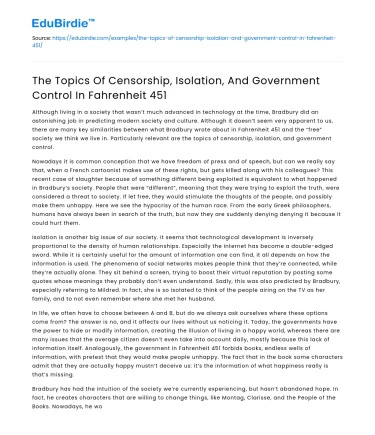 Themes in Fahrenheit 451: Censorship, Isolation, Government Control