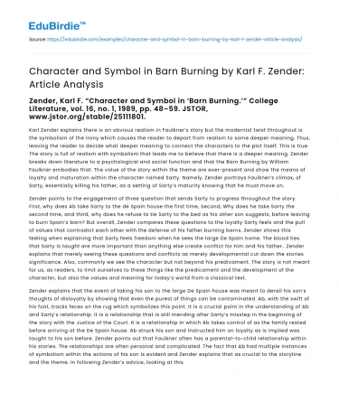 Character and Symbol in Barn Burning by Karl F. Zender: Article Analysis