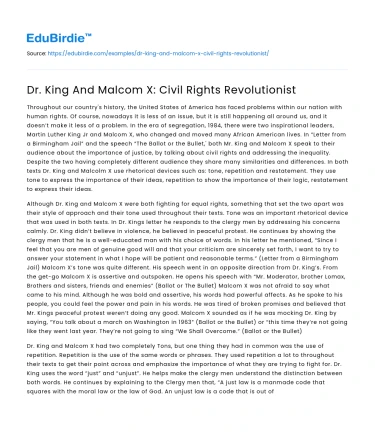 Dr. King And Malcom X: Civil Rights Revolutionist