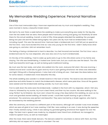 My Memorable Wedding Experience: Personal Narrative Essay