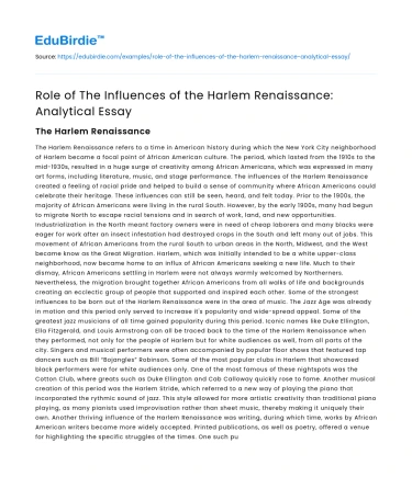 Role of The Influences of the Harlem Renaissance: Analytical Essay