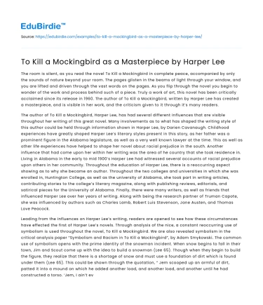 To Kill a Mockingbird as a Masterpiece by Harper Lee