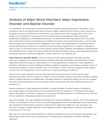 Analysis of Major Mood Disorders: MDD and Bipolar Disorder