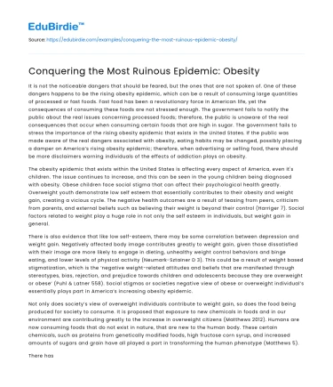 Conquering the Most Ruinous Epidemic: Obesity